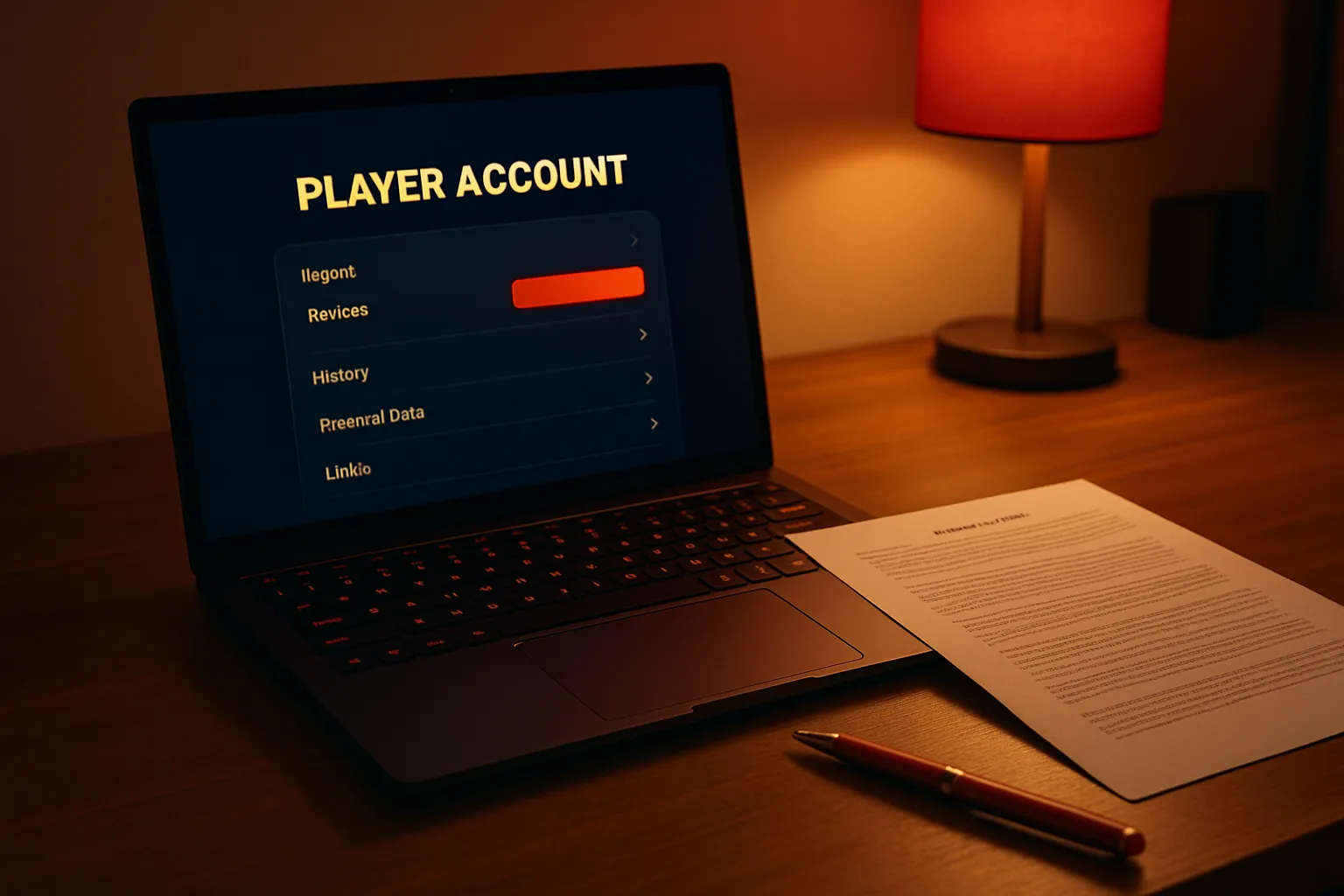 Dokument regulaminu na biurku obok laptopa z otwartym kontem gracza