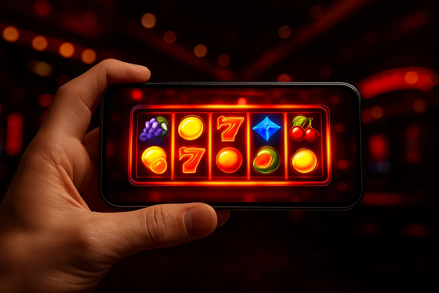 Dłoń trzymająca smartfon z grą na automacie w poziomej orientacji